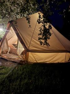 a tent sitting in the grass at night at Lahemaa Nature Glamping - Kuma in Vihasoo +6 photos