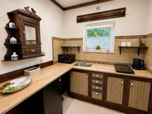 a kitchen with a counter with a sink and a microwave at Pokój dyrektora stadniny in Niezgoda +17 photos