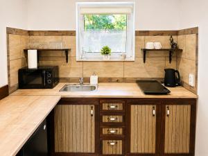 a kitchen with a sink and a microwave at Pokój dyrektora stadniny in Niezgoda
