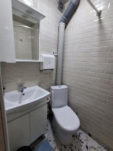a bathroom with a white toilet and a sink at Guesthouse Riverside Bagiana in Roshka