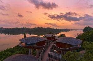 a group of huts on the water at sunset at Mandai Rainforest Resort by Banyan Tree in Singapore