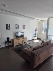 a living room with a couch and a flat screen tv at Brenz City Stay in Heidenheim an der Brenz