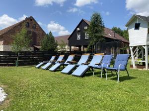 a row of blue chairs sitting in the grass at Na Uboczu in Gryfów Śląski