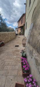 two flower boxes filled with flowers next to a building at Dimora del Cammino di Cancellara in Foligno