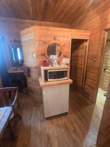 a kitchen with a microwave on a counter in a cabin at L'Oasis du Pirate in Quebec City