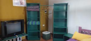 a living room with green shelves and a tv at Árbol de Oro - Terrafirme in Villa Yacanto