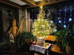 a christmas tree in a room with a table at Family Relax Widoki in Szczyrk