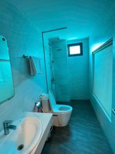 a blue bathroom with a toilet and a sink at Hoàng Long Hotel  +21 photos