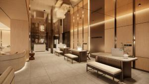 a lobby with a hair salon with chairs and tables at UH Continental SeoulCenter in Seoul
