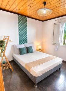 a bedroom with a bed and a wooden ceiling at lilie97418 in La Plaine des Cafres