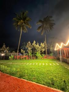 a lawn with two palm trees at night at VIVIPRA Habitat, Coorg in Madikeri