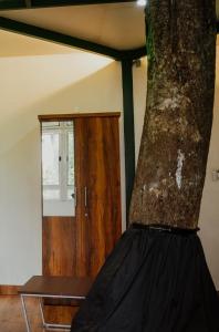 a large tree in a room with a wooden door at SpiceBuds FarmStay - Ramakkalmedu in Idukki +89 photos