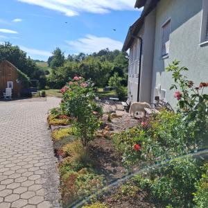 a dog laying on the ground next to a house at Ferienwohnung am Vogelsteig in Pegnitz