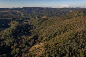 an aerial view of a forest with a house on a hill at Bellbird Rise Off-Grid Cottage in Conondale