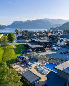 an aerial view of a marina with boats in it at Bed and breakfast in Sauda