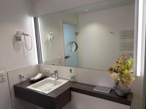 a bathroom with a sink and a large mirror at Boardinghouse am Wall in Salzgitter-Bad