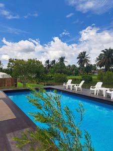 a swimming pool with white lounge chairs and trees at Baanrimfai Homestay in Ban Bencha