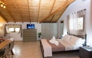 a bedroom with a bed and a desk and a television at Selinitsa Stone Studio - Mani Seaview Retreat in Agios Nikolaos +10 photos
