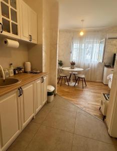 a kitchen with a sink and a table in a room at Tiffany apartment - Podgorica in Podgorica