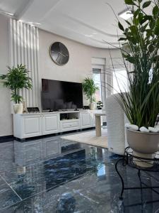 a living room with a television and potted plants at Angel Luxury Apartment in Kikinda