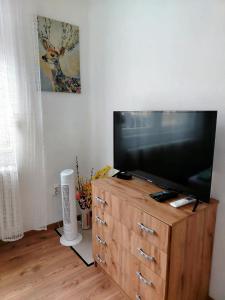 a flat screen tv sitting on top of a wooden dresser at Átutazó Apartman in Nyíregyháza