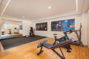 a gym with a treadmill and a flat screen tv at Wild Wings Hotel Narsingi in Hyderabad