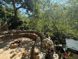 a stone bridge in a garden with a bench at SeTena Tierra Humeda Ecolodge in Minca +35 photos