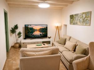 a living room with a couch and a flat screen tv at El Refugio de Navalcuervo 