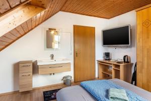 a bedroom with a bed and a sink and a tv at Work&Travel-Pension Tobias in Selb
