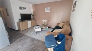 a living room with a couch and a tv at Maison le palmier in Troarn