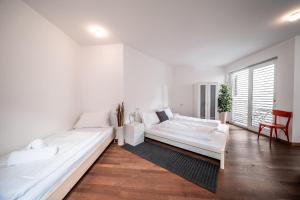 a white living room with two beds and a chair at Apartment Das Goldgassl in Appiano sulla Strada del Vino