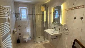a bathroom with a shower and a sink and a toilet at Villa Vivien, Ostsee Findling App 4 - Bade- & Saunawelt täglich inklusive in Göhren