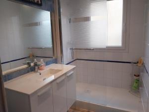 a white bathroom with a sink and a shower at Vallon des auffes - proche mer in Marseille +9 photos