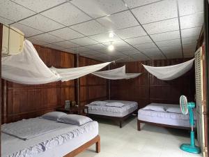 two beds in a room with mosquito nets at Nam Binh Homestay in Ben Tre