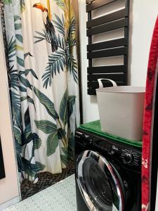 a washing machine in a room with a shower curtain at Petit gîte a côté des plages in Triaize