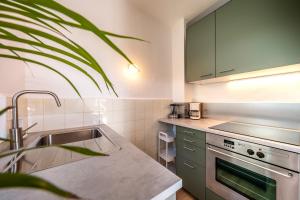 a kitchen with green cabinets and a sink at Villetta Allegra in Appiano sulla Strada del Vino +12 photos