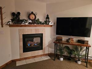 a living room with a fireplace and a flat screen tv at Alpenglow One Bedroom One Bath – A09 in Ouray