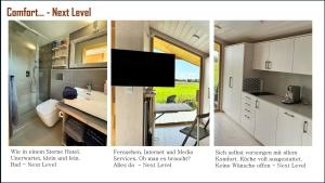 a collage of three pictures of a kitchen with a tv at 102 Tiny House in erster Reihe mit Kamin & Blick ins Grüne in Bleckede