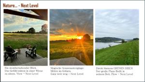 a collage of four pictures of a sunset at 102 Tiny House in erster Reihe mit Kamin & Blick ins Grüne in Bleckede