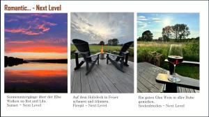 a collage of three pictures of a sunset at 102 Tiny House in erster Reihe mit Kamin & Blick ins Grüne in Bleckede