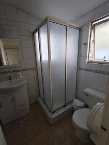 a bathroom with a shower and a toilet and a sink at Hostal 7 norte Sporting viña del mar in Viña del Mar