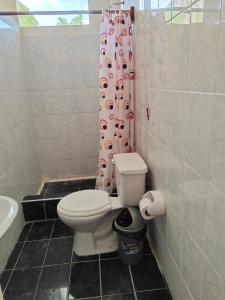 a bathroom with a toilet and a shower curtain at Indiana Lodge in Santa Clara