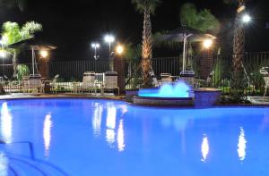 a large pool with a blue fountain at night at Holiday Inn Express Hotel & Suites Winnie by IHG in Winnie