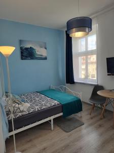 a bedroom with a bed and a blue wall at Magnolia Home Rooms in Toruń