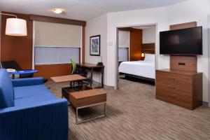 a hotel room with a couch and a bed and a television at Holiday Inn Express & Suites Buffalo Downtown, NY in Buffalo