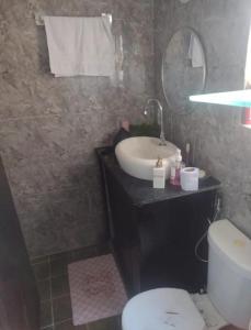 a bathroom with a sink and a toilet and a mirror at Casa lai in Rio de Janeiro +8 photos