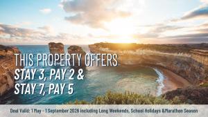 a flyer for a property offers to stay play stay pays at Myrtle Cottage in Aireys Inlet