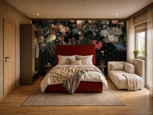 a bedroom with a large floral wall mural at Alpine Residence by alpenappartements in Mayrhofen