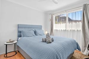a bedroom with a bed with a blue comforter and a window at Beachfront Apartment at Apollo in Apollo Bay
