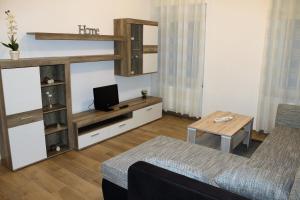 ein Wohnzimmer mit einem Sofa und einem Tisch in der Unterkunft Ferienwohnungen Tannenhof in Steinen